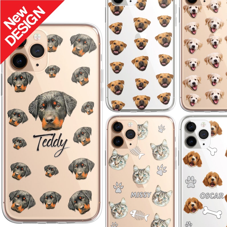 May include: Four clear phone cases with different designs. The first case features a repeated pattern of a brown and white dog's face. The second case features a repeated pattern of a black and brown dog's face with the name "Teddy" written in black cursive. The third case features a repeated pattern of a gray and white cat's face with the name "Missy" written in black cursive. The fourth case features a repeated pattern of a brown and white dog's face with the name "Oscar" written in black cursive.