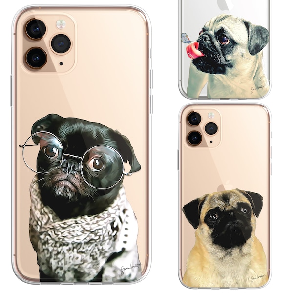 Pug Cute Pugs PET Painting Portrait Dog Animal Photo CLEAR Phone Cover Case  for iPhone 15 14 13 12 Pro Max Plus & Samsung Galaxy S21 S22