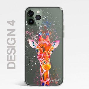 May include: A clear phone case with a colorful abstract painting of a giraffe's head. The background is a dark green color with white splatters of paint. The artist's signature is visible in the bottom right corner.