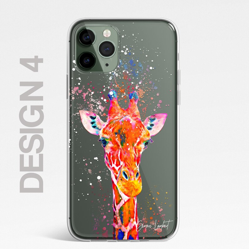 May include: A clear phone case with a colorful abstract painting of a giraffe's head. The background is a dark green color with white splatters of paint. The artist's signature is visible in the bottom right corner.