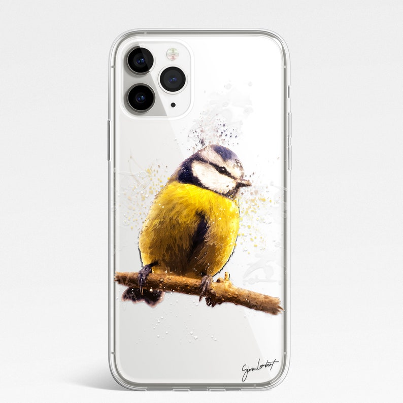 May include: Clear phone case featuring a watercolor painting of a blue tit bird perched on a branch. The bird has yellow, blue, and white feathers. The case has a glossy finish and a signature in the bottom right corner.