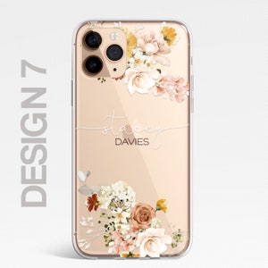 Coque personnalisée florale personnalisée en silicone transparente pour iPhone, fleurs, roses anglaises, or pour iPhone 15 14 13 12 11 Plus Max Pro Samsung 7 - Cream Floral T&B