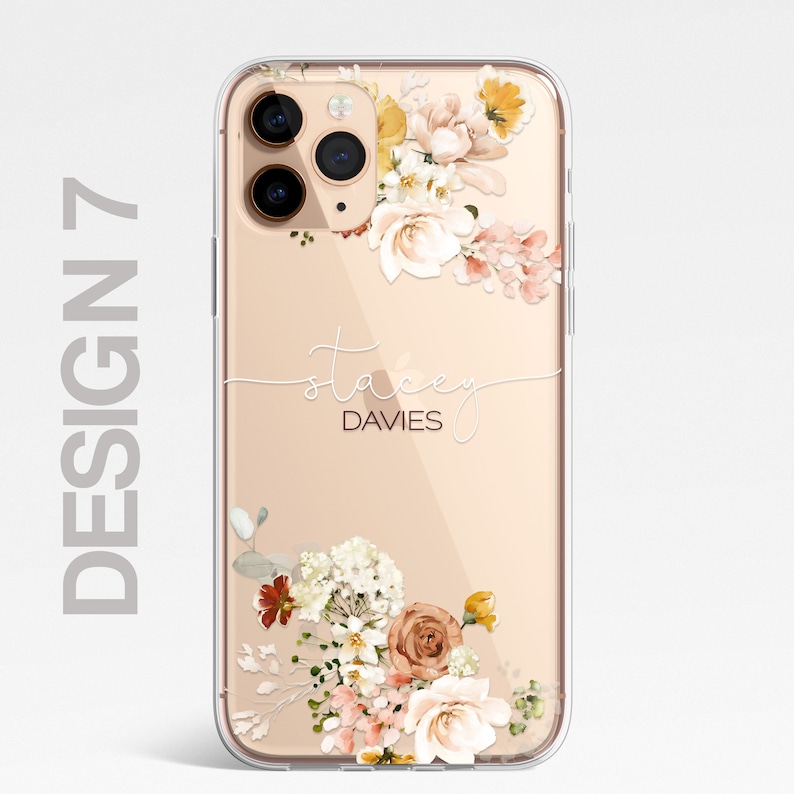 Coque personnalisée florale personnalisée en silicone transparente pour iPhone, fleurs, roses anglaises, or pour iPhone 15 14 13 12 11 Plus Max Pro Samsung 7 - Cream Floral T&B