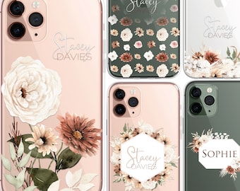 Personalised Floral Phone Case, Custom Flowers Case, Luxury Phone Case, Clear AUTUMN Water Colour Effect iPhone 15 14 13 12 11 Max Pro