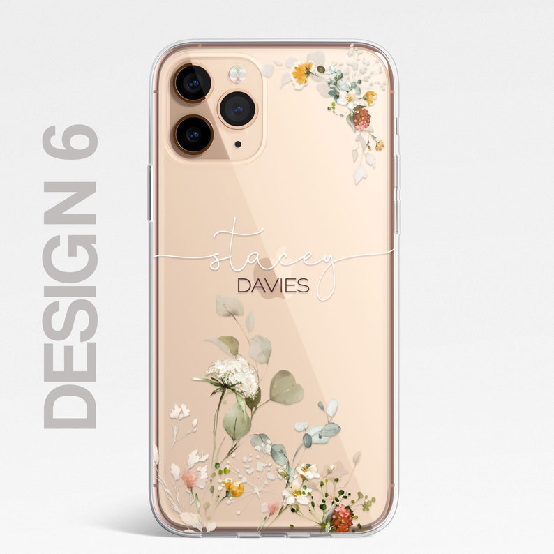 Personalised Floral iPhone Custom Silicone CLEAR Phone Case Cover Flowers English Roses Gold iPhone 15 14 13 12 11 Plus Max Pro Samsung 6 - Cream Floral T&B