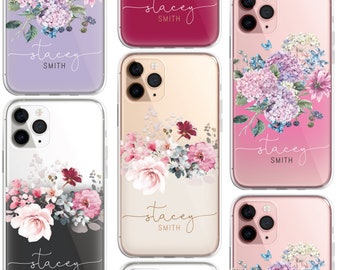 Coque personnalisée florale pour iPhone, silicone, couleur fendue, transparente, fleurs pastel, roses anglaises, or, iPhone 15 14 13 12 11 Pro