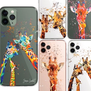 Giraffe iPhone Case, Cute Giraffe Family Portrait, Splatter Water Colour CLEAR Phone Cover Case  for iPhone 16 15 14 13 12 Pro Max & Samsung