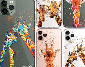 Giraffe iPhone Case, schattige Giraffe familieportret, Splatter Water Color CLEAR Phone Cover Case voor iPhone 15 14 13 12 Pro Max & Samsung