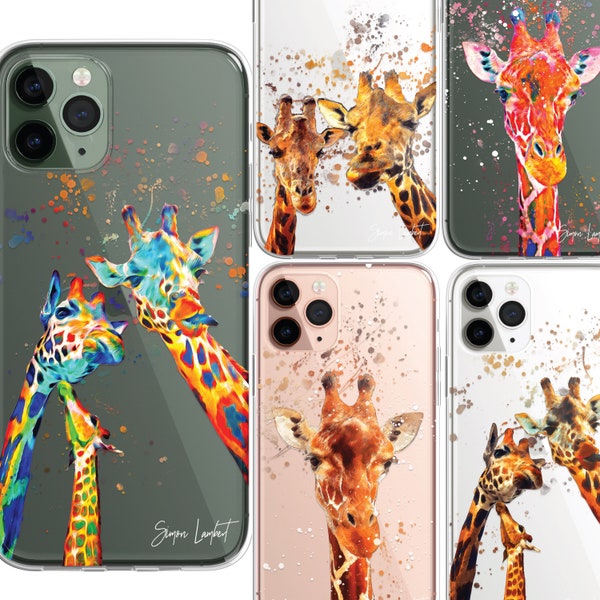 Étui iPhone girafe, portrait de famille girafe mignon, étui de couverture de téléphone CLEAR couleur d’eau éclaboussures pour iPhone 15 14 13 12 Pro Max et Samsung