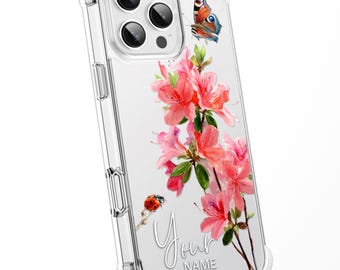 Personalised Floral Phone Case Custom Watercolour Pressed Flowers Luxury Cover, CLEAR Cover Roses iPhone 16 15 13 12 11 Samsung - Azalea