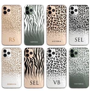 Personalised Initials Custom Silicone CLEAR Phone Case Cover Animal Print Skin Tiger Leopard iPhone 16 15 14 13 12 11 Max Plus Pro Galaxy