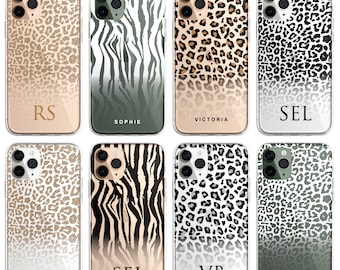 Initiales personnalisées personnalisées coque de téléphone transparente en silicone imprimé animal peau de tigre léopard iPhone 11 XS XR Max Plus Pro Samsung Galaxy