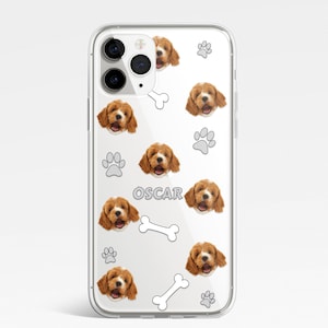 May include: Clear phone case with a repeating pattern of a dog's face, paw prints, and bones. The dog's name "OSCAR" is printed in gray letters on the case.