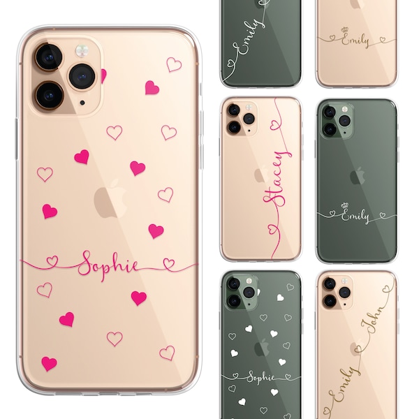 iPhone Case Personalised Heart Script Custom Silicone CLEAR Phone Cover Cursive Pretty for iPhone 15 14 13 12 11 Plus Pro Max and Samsung