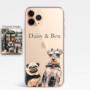 K&ouml;nnte beinhalten: Eine transparente Handyh&uuml;lle mit goldenem Hintergrund und einem Bild von zwei Hunden. Die Hunde sind ein Mops und ein Zwergschnauzer. Der Text "Daisy & Ben" ist auf der H&uuml;lle aufgedruckt.