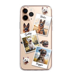 K&ouml;nnte beinhalten: Eine transparente Handyh&uuml;lle mit goldenem Hintergrund und Bildern von Hunden. Die Bilder sind im Polaroid-Stil mit den Namen der Hunde unter jedem Bild. Die Namen sind "Blake", "Scotty" und "Trigger".