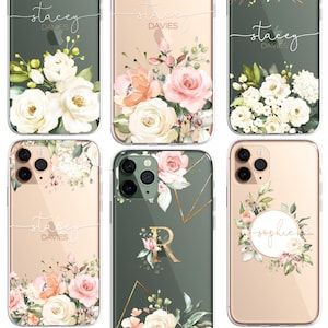 Gepersonaliseerde bloemen telefoonhoesje, hoesje aangepaste bloemen, luxe telefoonhoesje, doorzichtige hoes Roses Gold iPhone 16 15 13 12 11 Plus Pro Samsung Galaxy