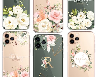 Personalised Floral Phone Case, Custom Flowers case, Luxury Phone Case, CLEAR Cover Roses Gold iPhone 15 13 12 11 Plus Pro Samsung Galaxy