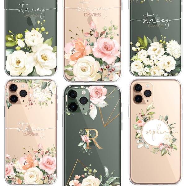 Coque de portable personnalisée à fleurs, Coque personnalisée à fleurs, Étui de portable de luxe, Transparente Roses Gold iPhone 15 13 12 11 Plus Pro Samsung Galaxy
