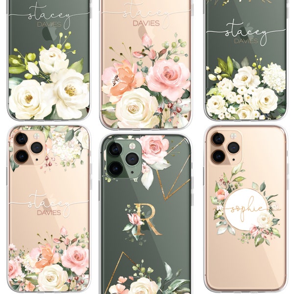 Personalised Floral Phone Case, Custom Flowers case, Luxury Phone Case, CLEAR Cover Roses Gold iPhone 17 16 15 13 12 11 Plus Pro Galaxy