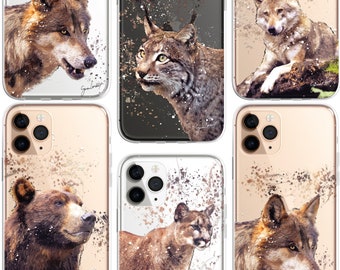 Animals Phone Case Splatter Art CLEAR Phone Cover Case for iPhone 16 15 14 13 12 Pro Max Plus, Puma, Wolf, Lynx, Bear, Grizzly, Wolf, Cougar