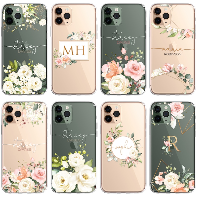 Coque de portable personnalisée à fleurs, Coque personnalisée à fleurs, Étui de portable de luxe, Transparente Roses Gold iPhone 15 13 12 11 Plus Pro Samsung Galaxy image 2