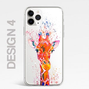 May include: A clear phone case with a colorful watercolor design of a giraffe's head. The background is white with splashes of pink, blue, and green paint.