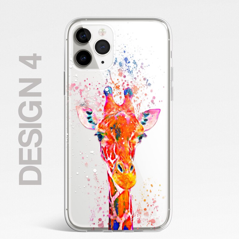 May include: A clear phone case with a colorful watercolor design of a giraffe's head. The background is white with splashes of pink, blue, and green paint.