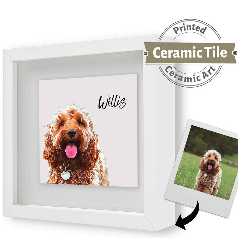 Personalisiertes Haustier Hund Katzenbürste Portrait Personalisierter Fotodruck auf KERAMIK FLIESE im Boxrahmen Geschenk Personalisiert Bild 1