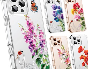 Personalised Floral Phone Case Custom Watercolour pressed Flowers Luxury Cover, CLEAR Cover Roses iPhone 17 16 15 13 12 11 Plus Pro Samsung