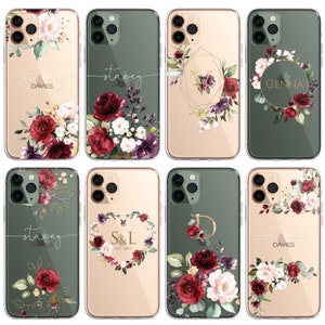 Floral Custom Phone Case Cover in CLEAR Silicone with Personalised Initials Name RED Floral Design for iPhone 15 14 13 12 Pro Max & Samsung