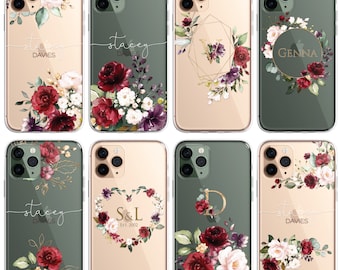 Floral Custom Phone Case Cover in CLEAR Silicone with Personalised Initials Name RED Floral Design for iPhone 16 15 14 13 12 Pro Max Samsung