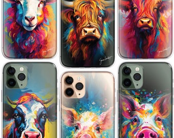 Wildlife Farm Animals iPhone Case Pallette Knife Art CLEAR Phone Cover Case for iPhone 15 14 13 12 Pro Max, highland cow, sheep, pig
