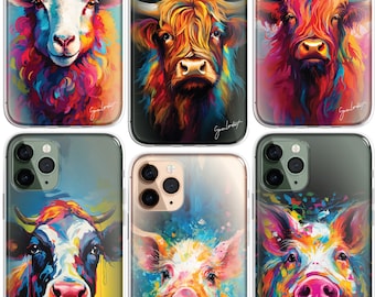 Wildlife Farm Animals iPhone Case Pallette Knife Art CLEAR Phone Cover Case for iPhone 17 16 15 14 13 12 Pro Max, highland cow, sheep, pig