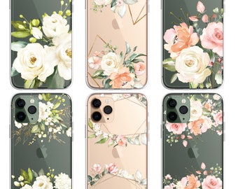 Silicone CLEAR Phone Case Cover Pretty Floral Flowers English Roses Vintage Carnations Gold iPhone 11 12 13 14 15 16 Plus Pro Samsung Galaxy