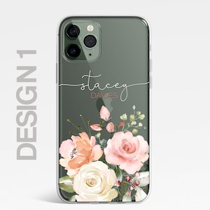 Personalisierte Blumen-Handyhülle, individuelle Blumenhülle, Luxus-Handyhülle, KLARE Hülle Rosen Gold iPhone 15 13 12 11 Plus Pro Samsung Galaxy Design 1 Pink Floral