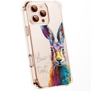 May include: Clear phone case with a colorful watercolor painting of a hare. The hare has vibrant blue, purple, yellow, and green fur. The words "Your text" are written in cursive on the case.