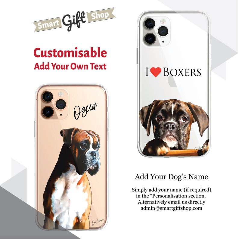 Pu&ograve; includere: Una custodia per telefono trasparente con un'illustrazione colorata di un boxer. La custodia ha uno sfondo bianco con il testo "I &hearts; BOXERS" e un cuore rosso. La custodia &egrave; personalizzabile con il tuo testo.