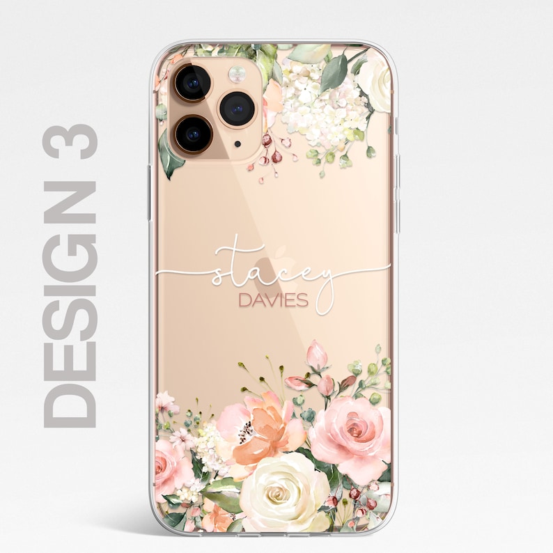 Personalisierte Blumen-Handyhülle, individuelle Blumenhülle, Luxus-Handyhülle, KLARE Hülle Rosen Gold iPhone 15 13 12 11 Plus Pro Samsung Galaxy Design 3 Pink Floral