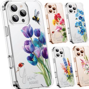 May include: Clear phone cases with floral designs, including purple tulips, blue forget-me-nots, and colorful wildflowers. Each case features a unique flower arrangement, a bumblebee, and the text "Your Name".