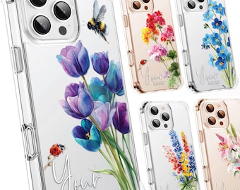 Personalised Floral Phone Case Custom Watercolour Pressed Flowers Luxury Cover, CLEAR Cover Roses iPhone 16 15 13 12 11 Plus Pro Samsung