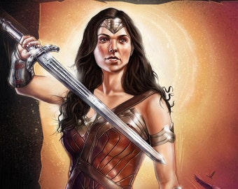 Cartel de la película personalizada, ilustración de la mujer maravilla, retrato personalizado, pintura personalizada, cartel de la película personalizada, impresión de arte de la pared, comisión de arte