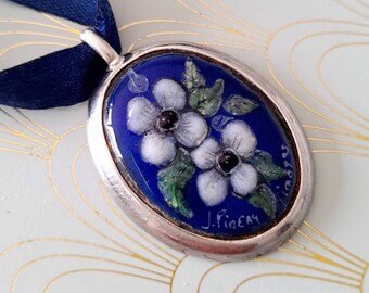 Vintage French Limoges Enamel Silver Pendant, Romantic Floral Necklace, Art Nouveau Jewelry, Miniature Pendant, Enamel Jewellery Luxury Gift