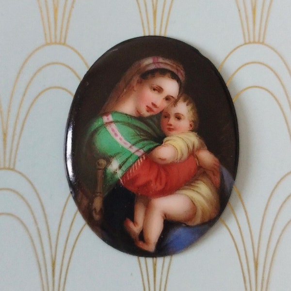 Ancienne plaque miniature de Limoges, France, icône en émail peinte à la main, Vierge Marie et l'enfant Jésus, dévotion religieuse, cadeau de Noël de luxe.
