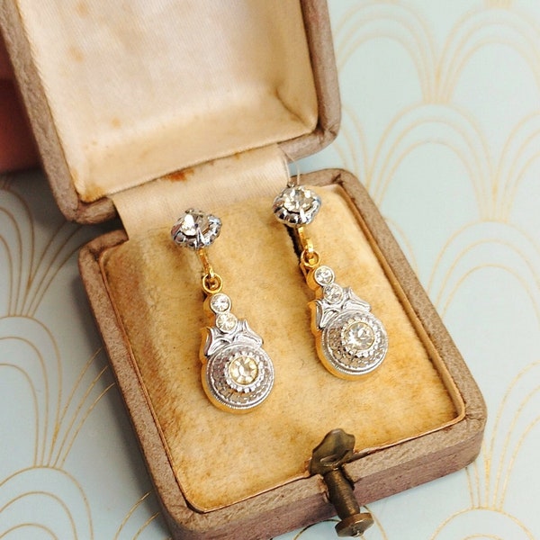 Vintage francuskie kolczyki w stylu art deco, kolczyki kryształowe Dormeuse, kolczyki z diamentami, luksusowa biżuteria kostiumowa, oryginalne pudełko na kolczyki