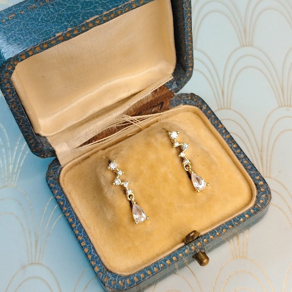 Miniature Vintage French Dormeuse Earrings, Vermeil and Crystal Sleeper Earrings, Diamond Jewelry, Dangle Drop Earrings, French Jewelry Box