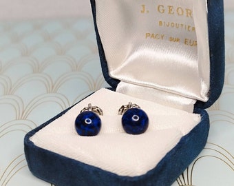 Luxury Vintage French Lapis Lazuli Stud Earrings, Dormeuse Earrings, Clip on Sleepers Earrings, Art Deco Jewelry Box, Lapis Lazuli Jewellery