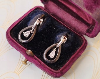 Vintage French Sterling Silver Dangle Drop Onyx Earrings, Silver Dormeuse Earrings, Luxury Natural Onyx Earrings, Gift Jewelry Box