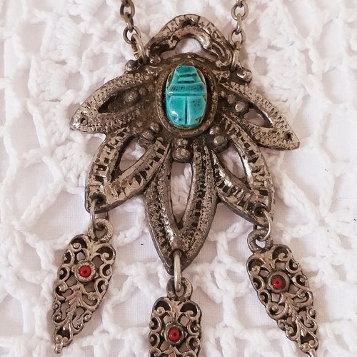 Vintage Egyptian Revival Necklace, Antique Egyptian Scarab Beetle shops Pendant, Vintage French Jewellery, Art Nouveau Silver Charm Necklace...
