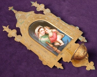 Antique French Limoges Benetier. The Virgin Mary and Jesus Christ. Religious Devotion. Rare. 1800s Holy Water Font. French Home Decor
